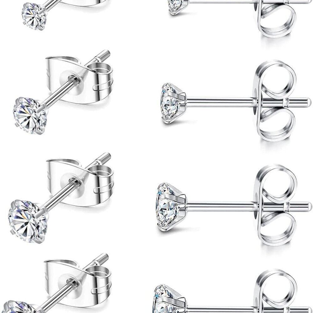 Elegant Titanium Stud Earrings for Sensitive Skin with Cubic Zirconia, Set of 4,